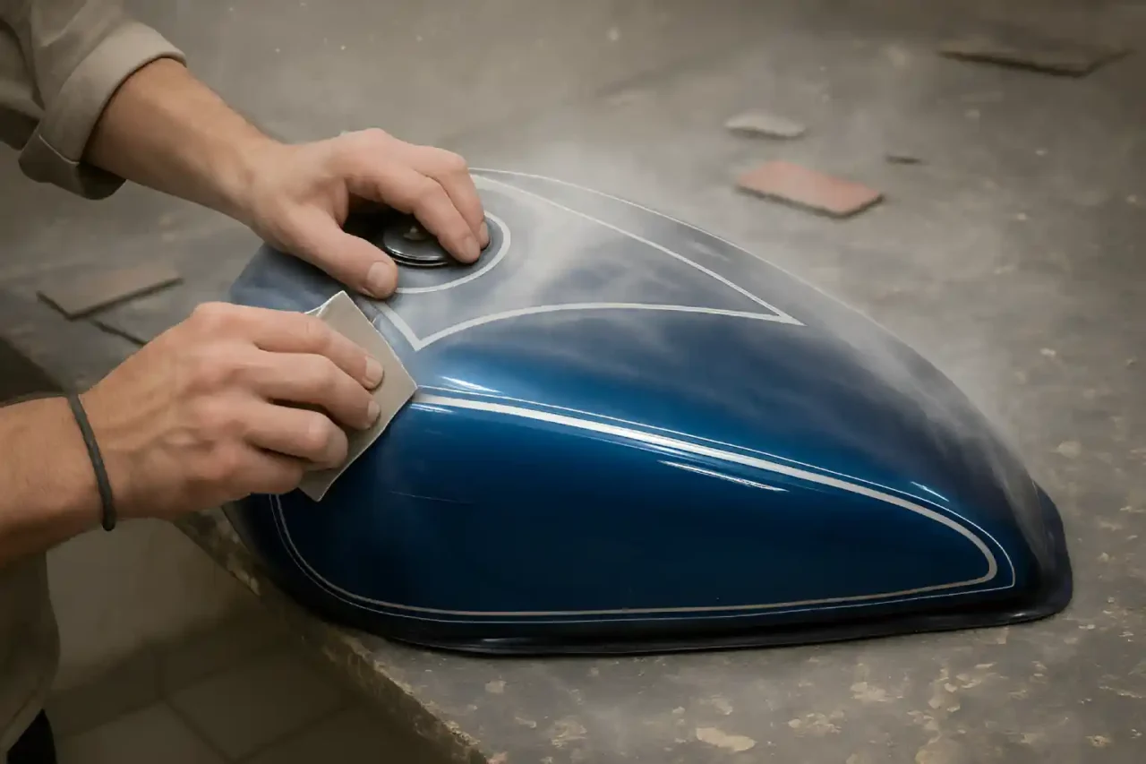 Polissage du vernis d'un réservoir moto